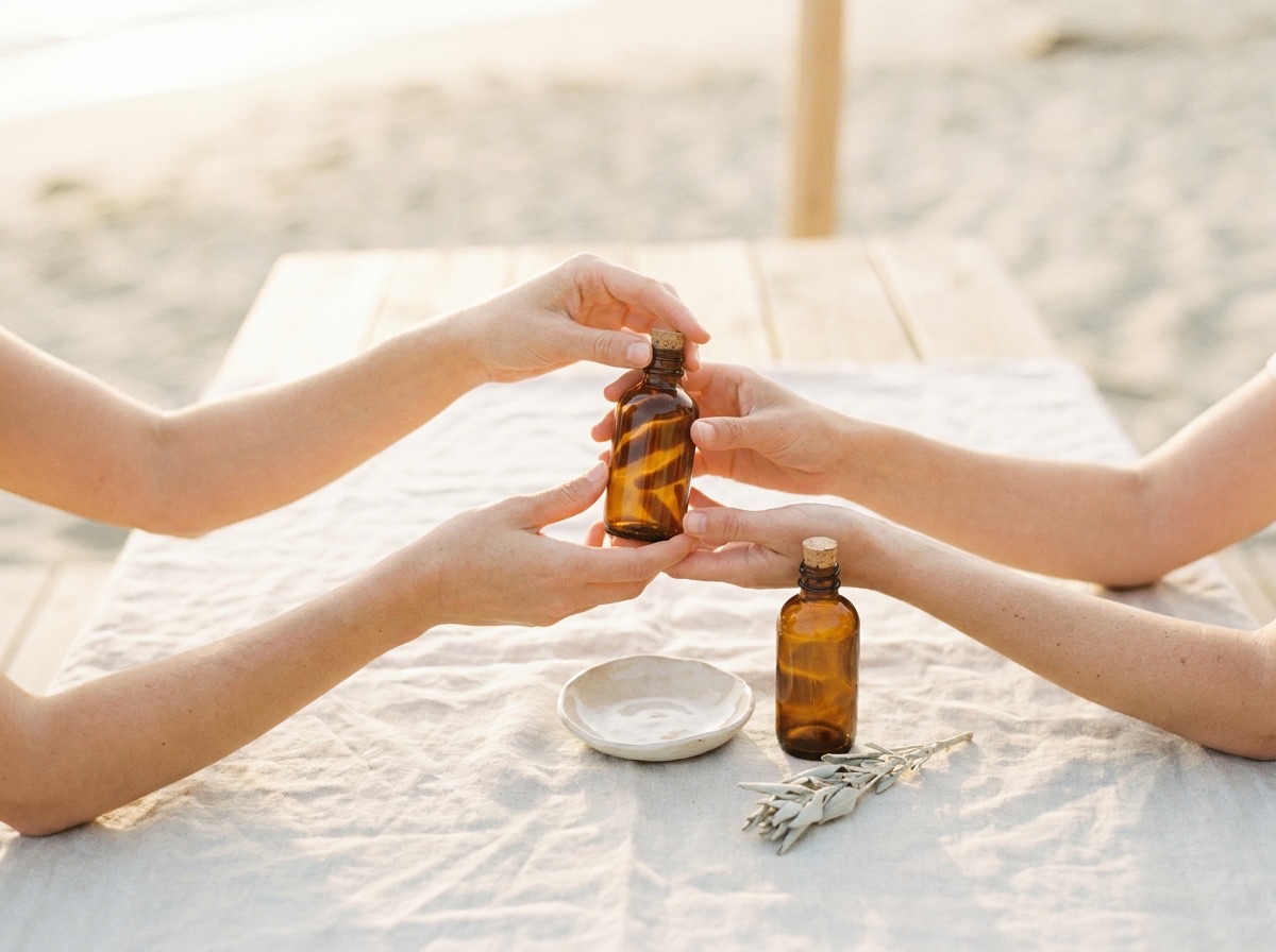 Two people passing a small amber bottle across a linen-covered table