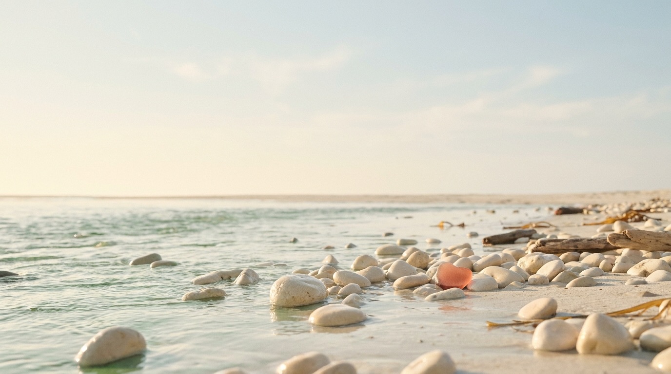 A tide receding over pale rounded stones in warm coastal morning light